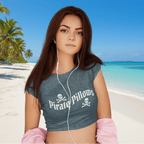 Woman wearing a gray t-shirt with 'Pirate Pillows' logo, listening to music with earphones.