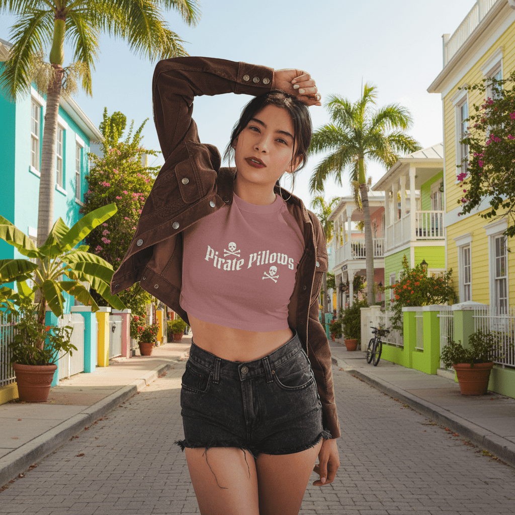 Woman wearing a brown jacket and pink 'Pirate Pillows' crop top on a white background