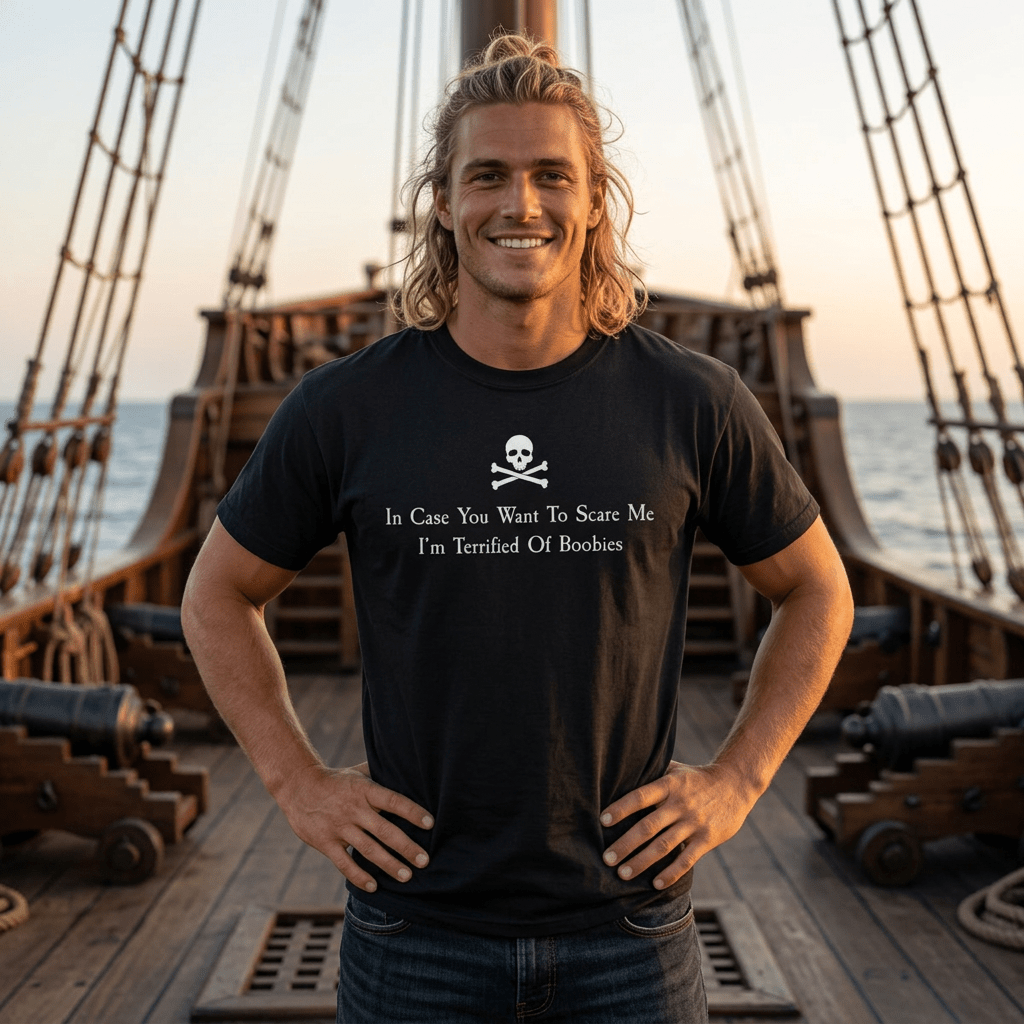 A smiling man with long blond hair stands on a wooden ship deck wearing a black graphic Skull T-Shirt with a white skull and crossbones and the text 'In Case You Want To Scare Me I'm Terrified Of Booches'.
