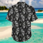 Short-sleeve shirt with skull and crossbones pattern on a Caribbean beach background