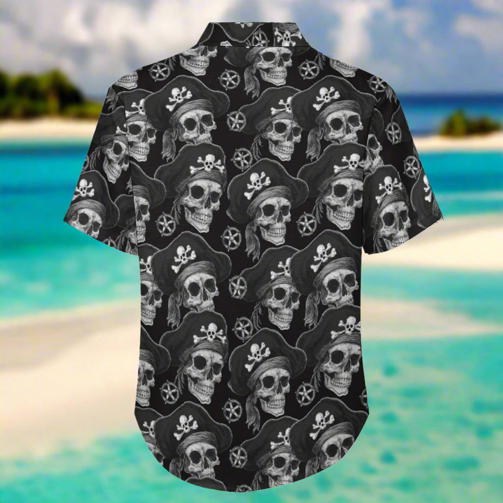 Short-sleeve shirt with skull and crossbones pattern on a Caribbean beach background