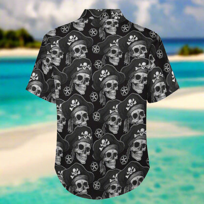 Short-sleeve shirt with skull and crossbones pattern on a Caribbean beach background