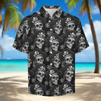 Hawaiian shirt with skull and crossbones pattern on a Caribbean Beach background