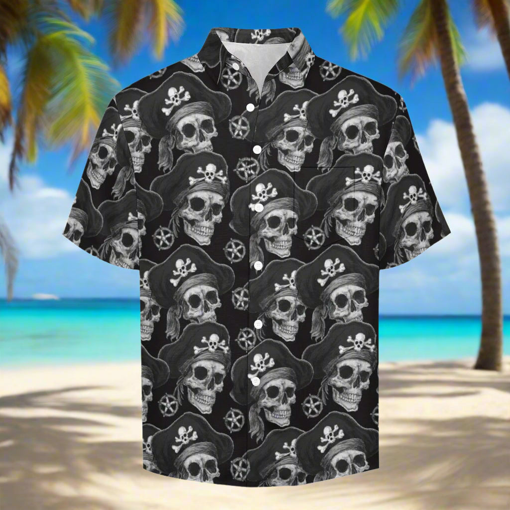 Hawaiian shirt with skull and crossbones pattern on a Caribbean Beach background