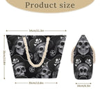 Pirate-themed tote bag with skull and crossbones design, showing product size measurements.