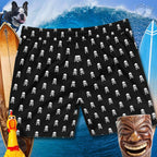 Back of Pirate skull board shorts on surfy background