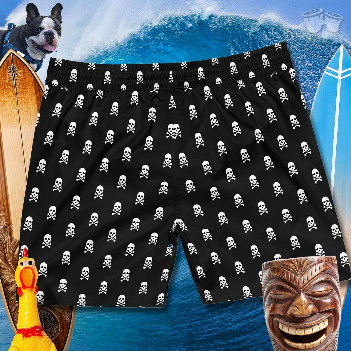 Back of Pirate skull board shorts on surfy background