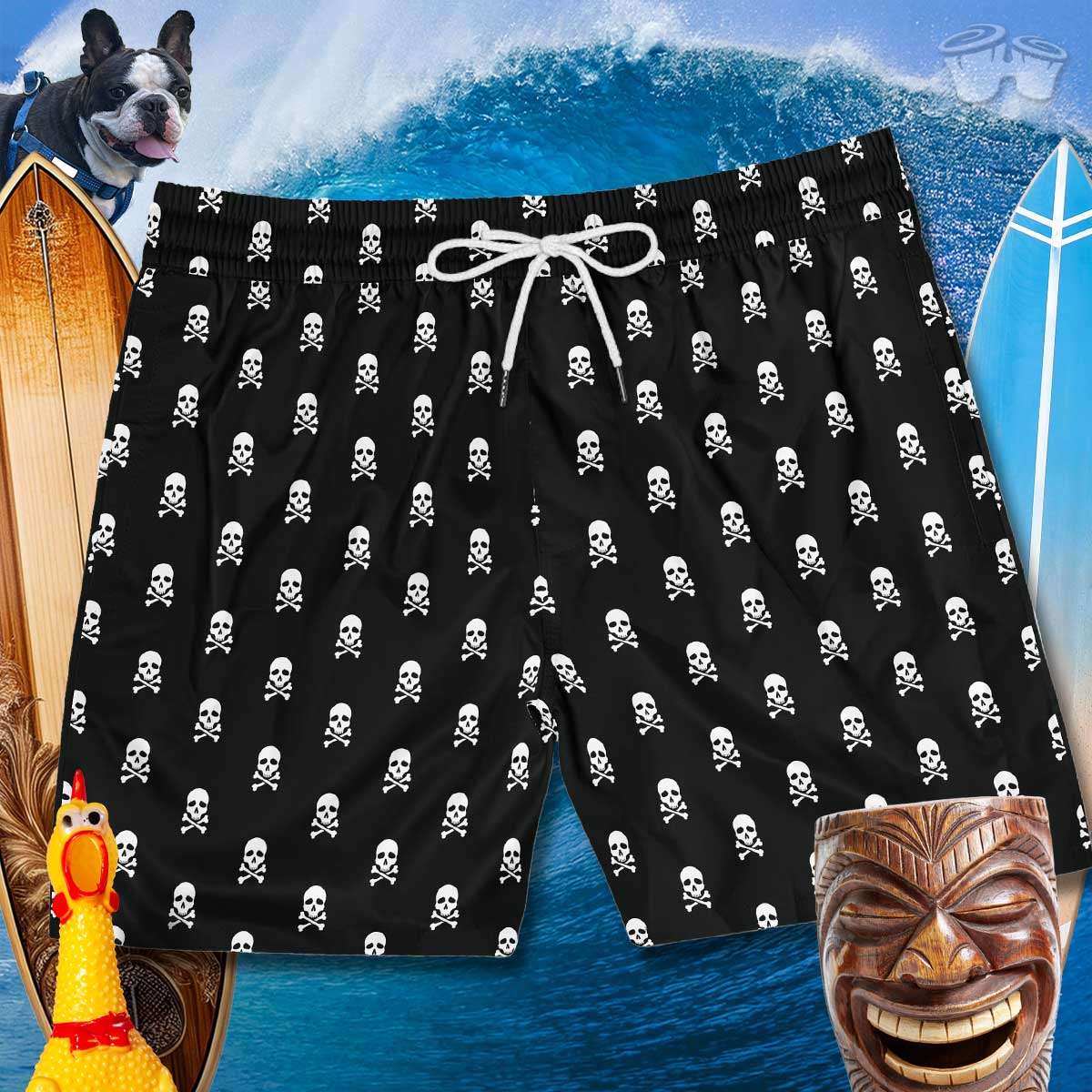 Men's bathing trunks with a polka dot pattern of Jolly Roger Pirate Skulls on a surfy background with a surfboards, a big wave and a laughing tiki pole.