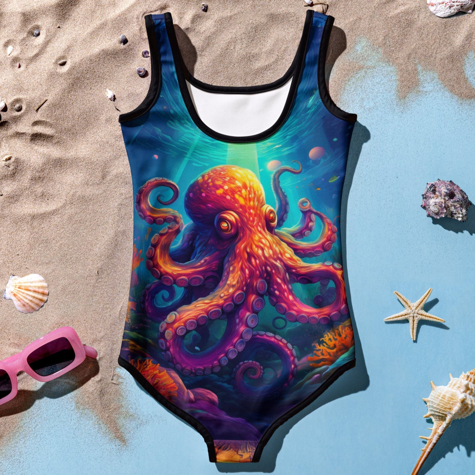 Girl's One Piece Swimsuit featuring a Psychedelic Octopus lying in sand and seashells