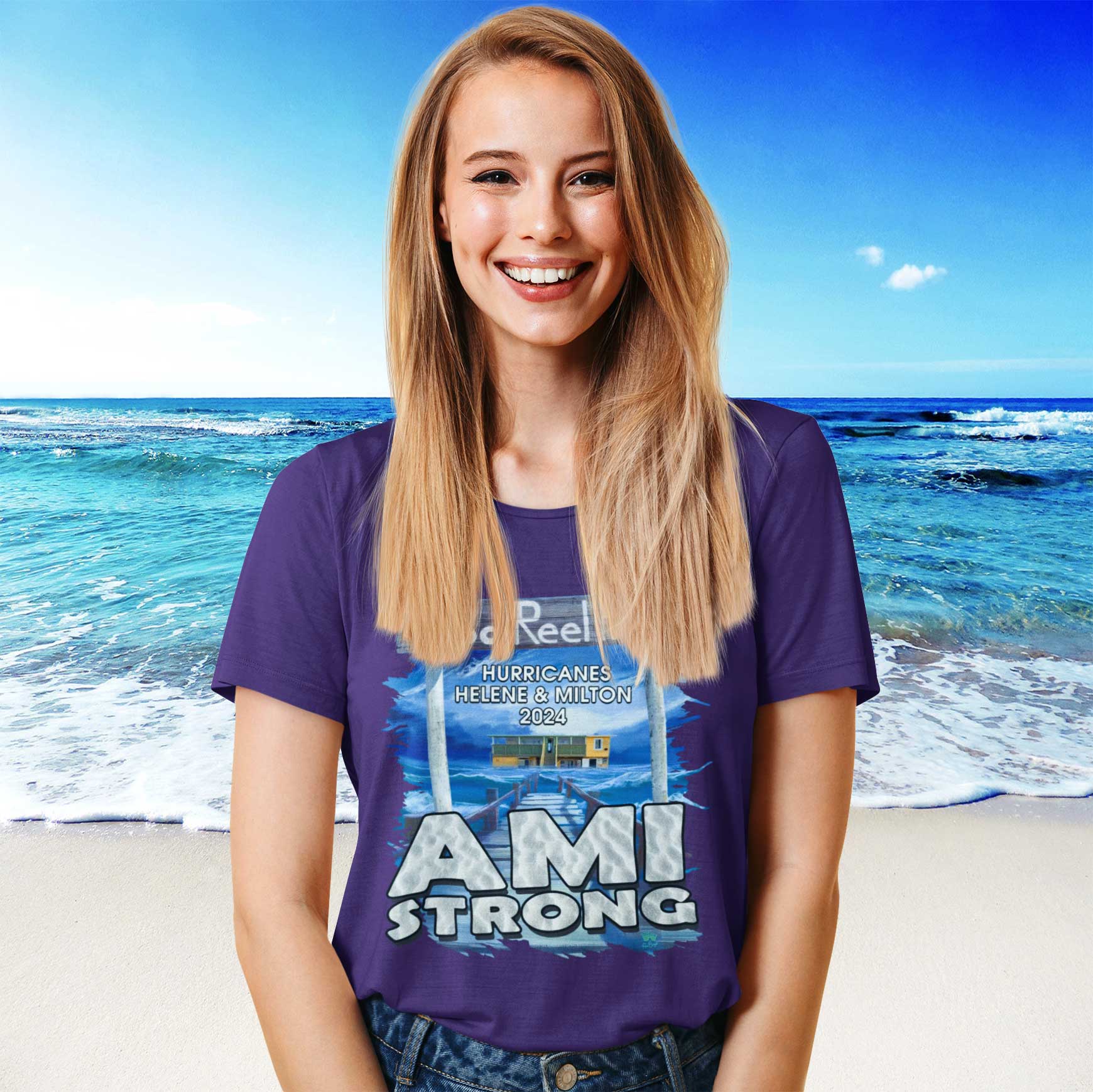 Person wearing a purple 'AMI STRONG' t-shirt with a beach background