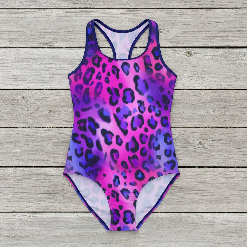 Woman wearing a purple and pink leopard print swimsuit on a rustic wood background