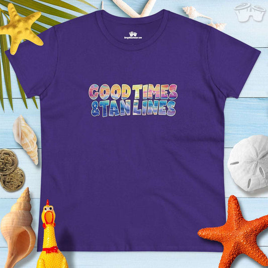 Good Times & Tan Lines women's beach t-shirt on a vibrant purple background with tropical beach decor.