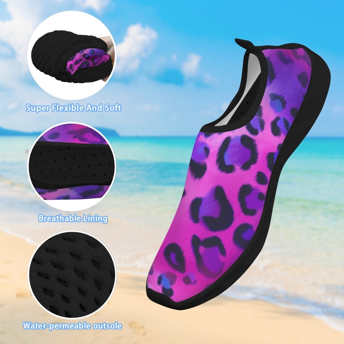 A single slip-on water shoe with a purple and pink leopard print upper and black sole, shown over a beach background with three circular inset detail callouts and text describing flexibility, breathable lining, and water-permeable outsole.