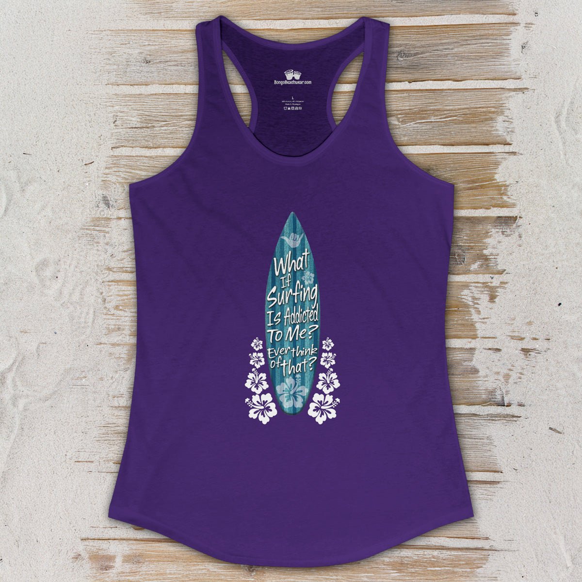 Purple tank top with a graphic design on a wooden surface