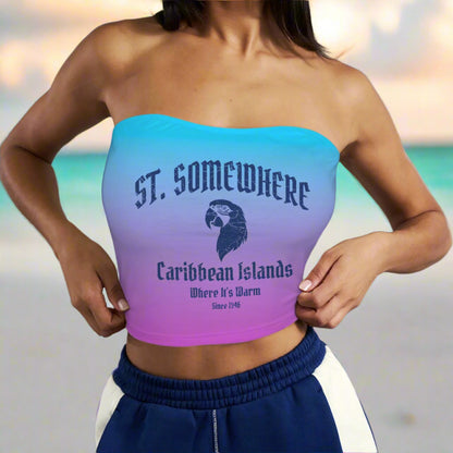 Purple to Sky Blue Gradient strapless tube top with 'St. Somewhere Caribbean Islands' text and parrot head design worn by beachwear model somewhere in the Caribbean Islands, where it's warm.