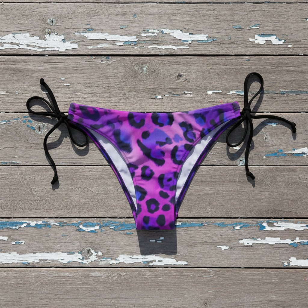 Purple leopard print bikini bottom with black strings on a white background