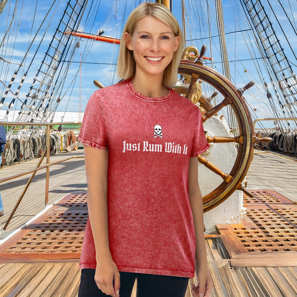Woman wearing a red t-shirt with text on a ship's deck