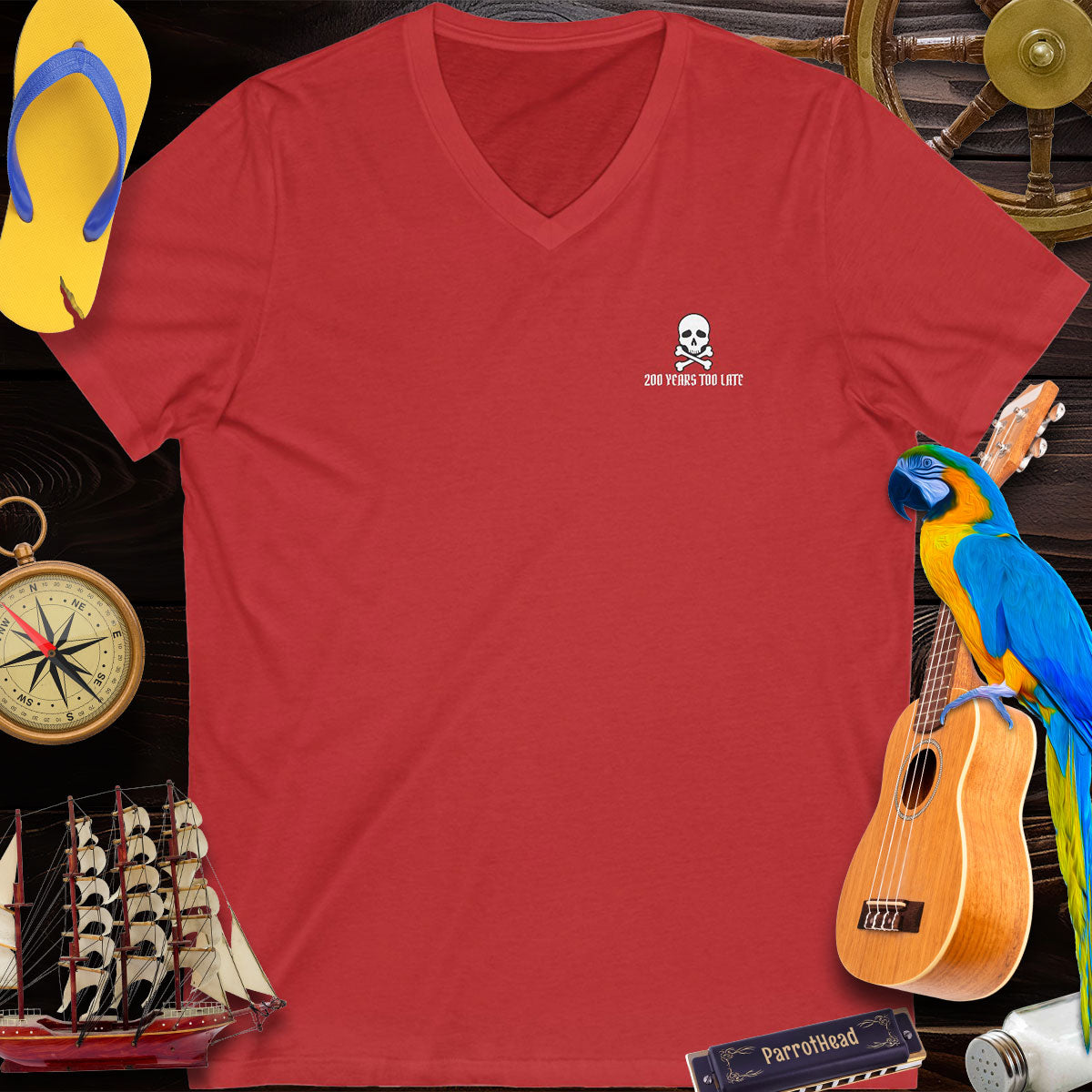 Embroidered V-Neck Tee Pirate Logo 200 Years Too Late T-Shirts