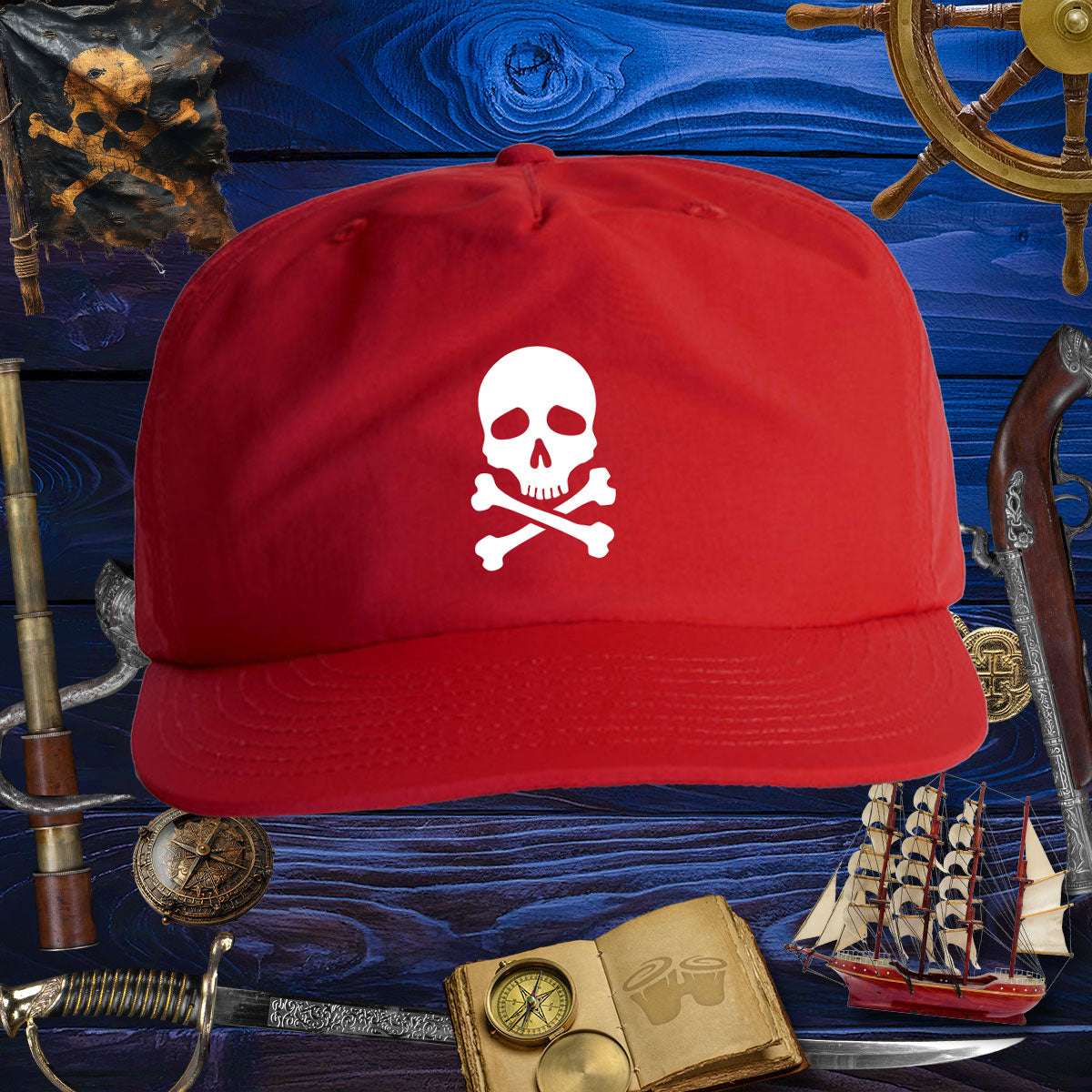 Skull & Bones Surf Cap | Jolly Pirate 🏴‍☠️, red cap with skull and crossbones design, perfect for beach adventures.