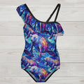 Colorful swimsuit with manatee design on a nautical wood background