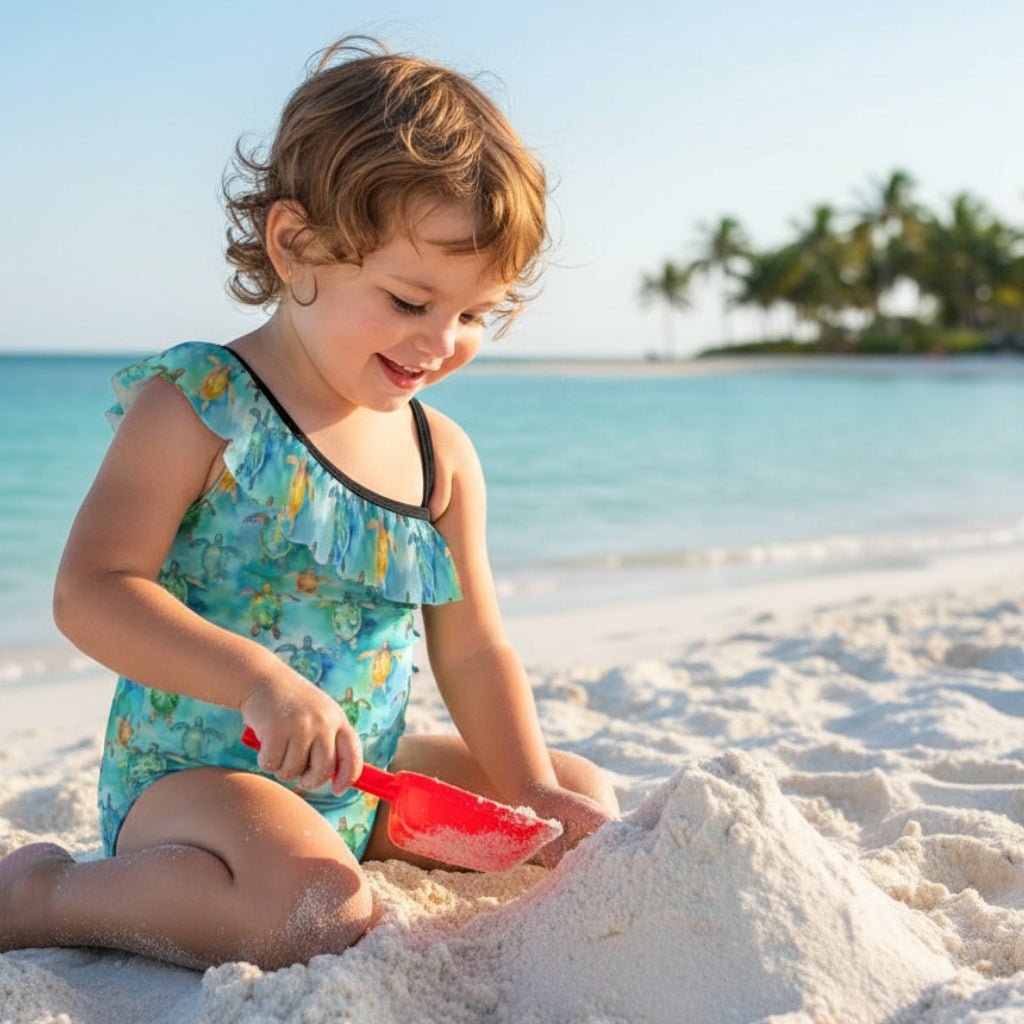 Toddler wearing sea turtle patterned swimsuit playing in the sand on Sanibel Island