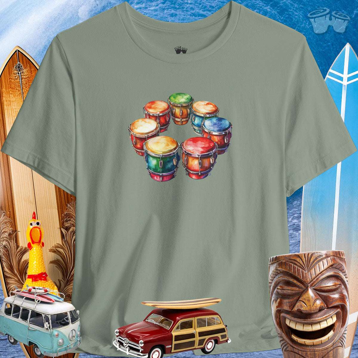 Drum Circle Tee Shirt with Surfing Wave and Icons Background Colorful Bongo Drum Circle | Bella Canvas Tee 🪘