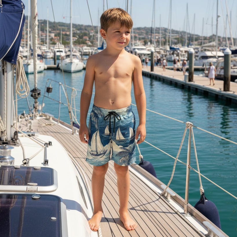 Young boy in Kids Sailboat Pattern Board Shorts standing on a dock with yachts in the background
