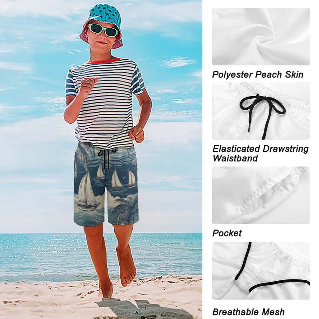 Child wearing a striped shirt and sailboat shorts on a beach with fabric details shown.