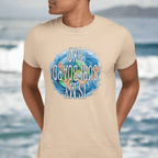 Surfer in Honolulu wearing a sand dune colored t-shirt featuring a wipeout and begging the question Is My Surfboard OK?