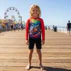 A young boy stands on the Santa Cruz Beach Boardwalk wearing a long-sleeve swim shirt with red sleeves and a colorful sea turtle print on the front, paired with black swim shorts.