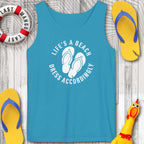 Sapphire Blue tank top with 'Life's a Beach Dress Accordingly' text and flip-flops on a wooden surface.