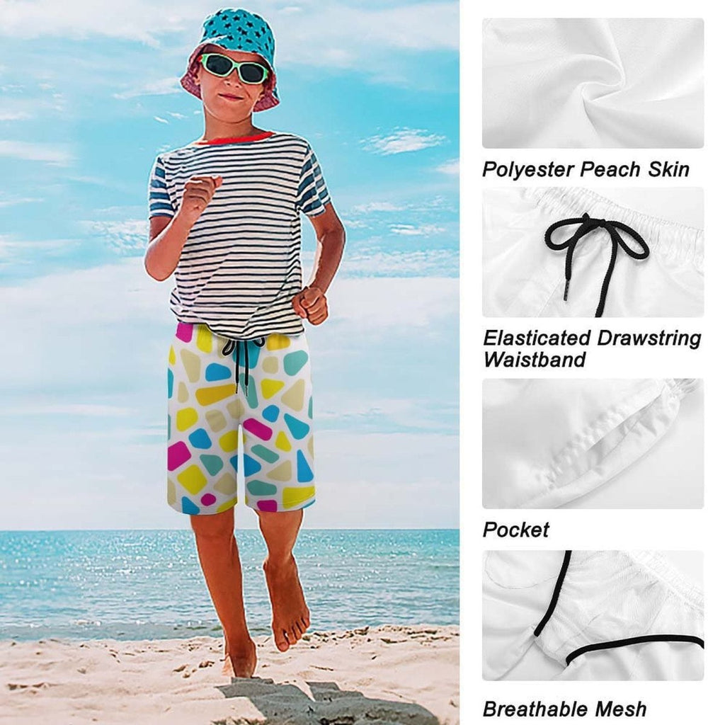 Child wearing a striped shirt, colorful shorts, and a bucket hat on a beach with fabric details overlayed.