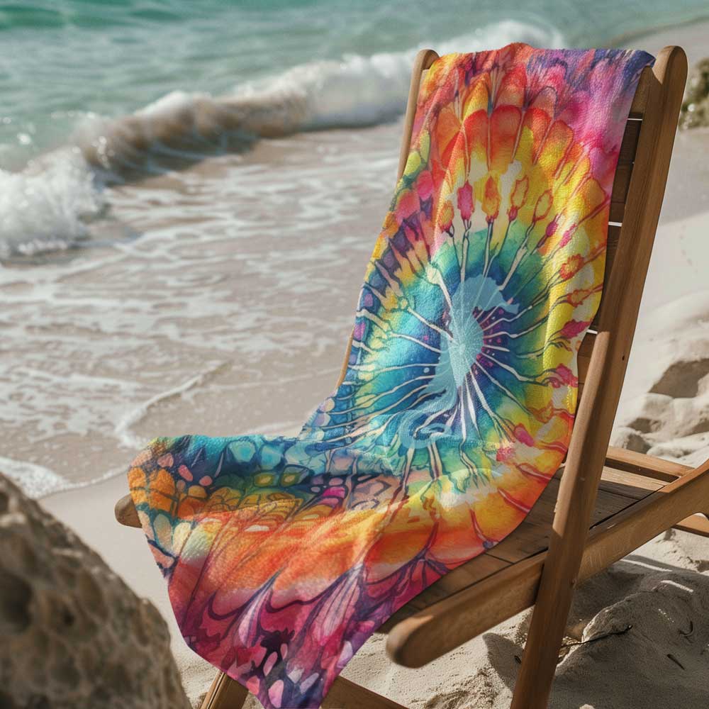 Tie-Dye Beach Towel draped over a wooden deck chair next to the ocean