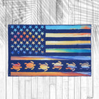 Colorful American flag with turtle design on a wooden surface