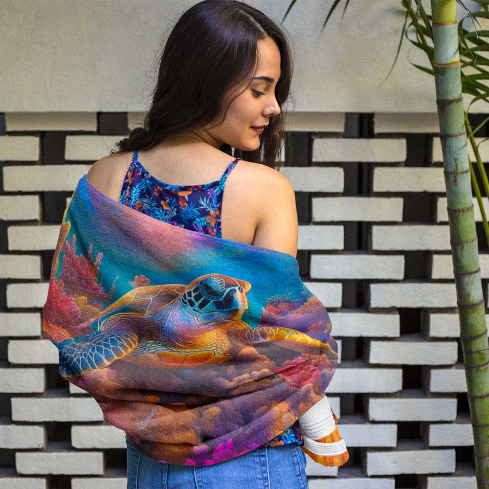 Swimsuit model wrapped in a Bingo Beachwear Sea Turtle Beach Towel
