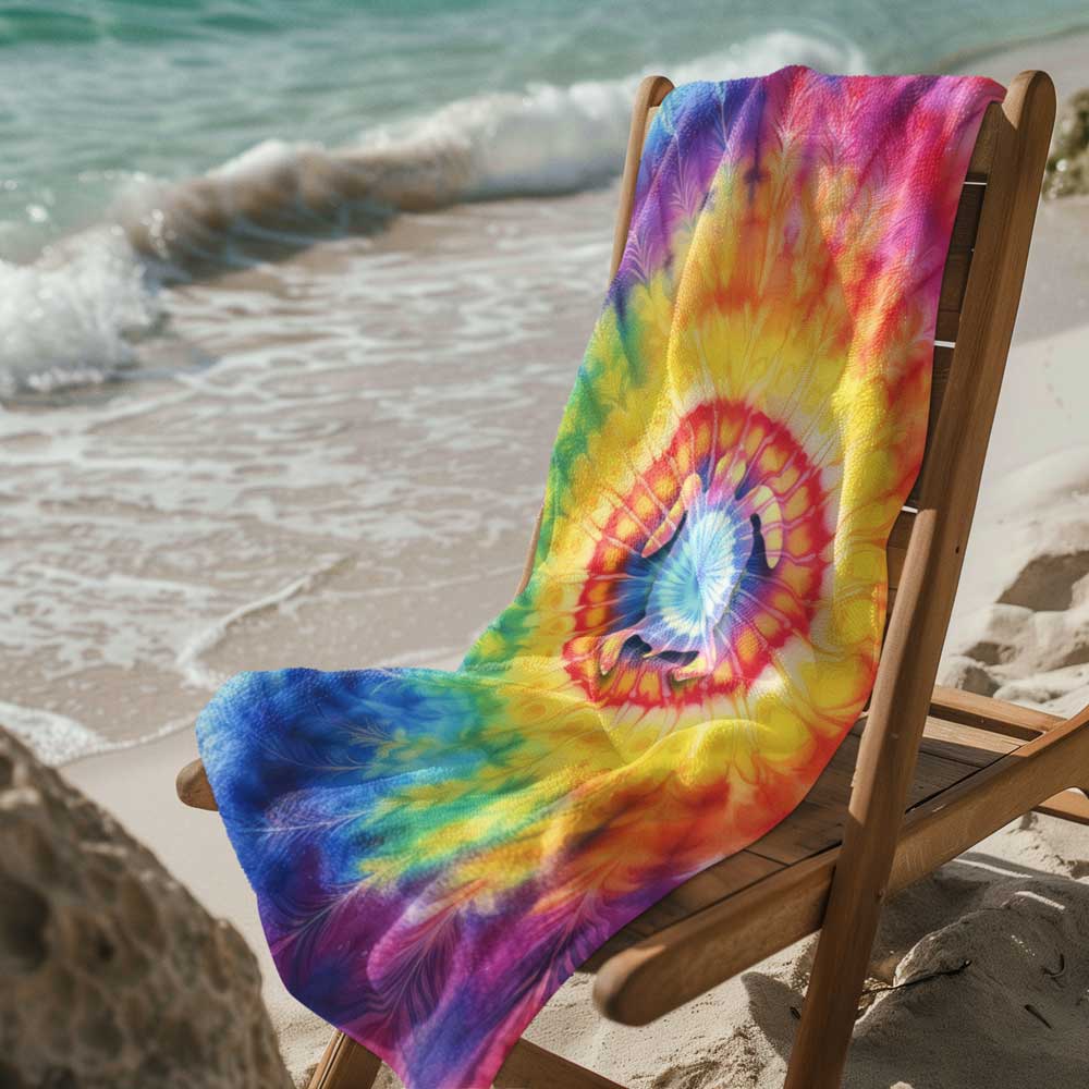 Tie Dye Beach towel with cool sea turtle silhouette on middle.