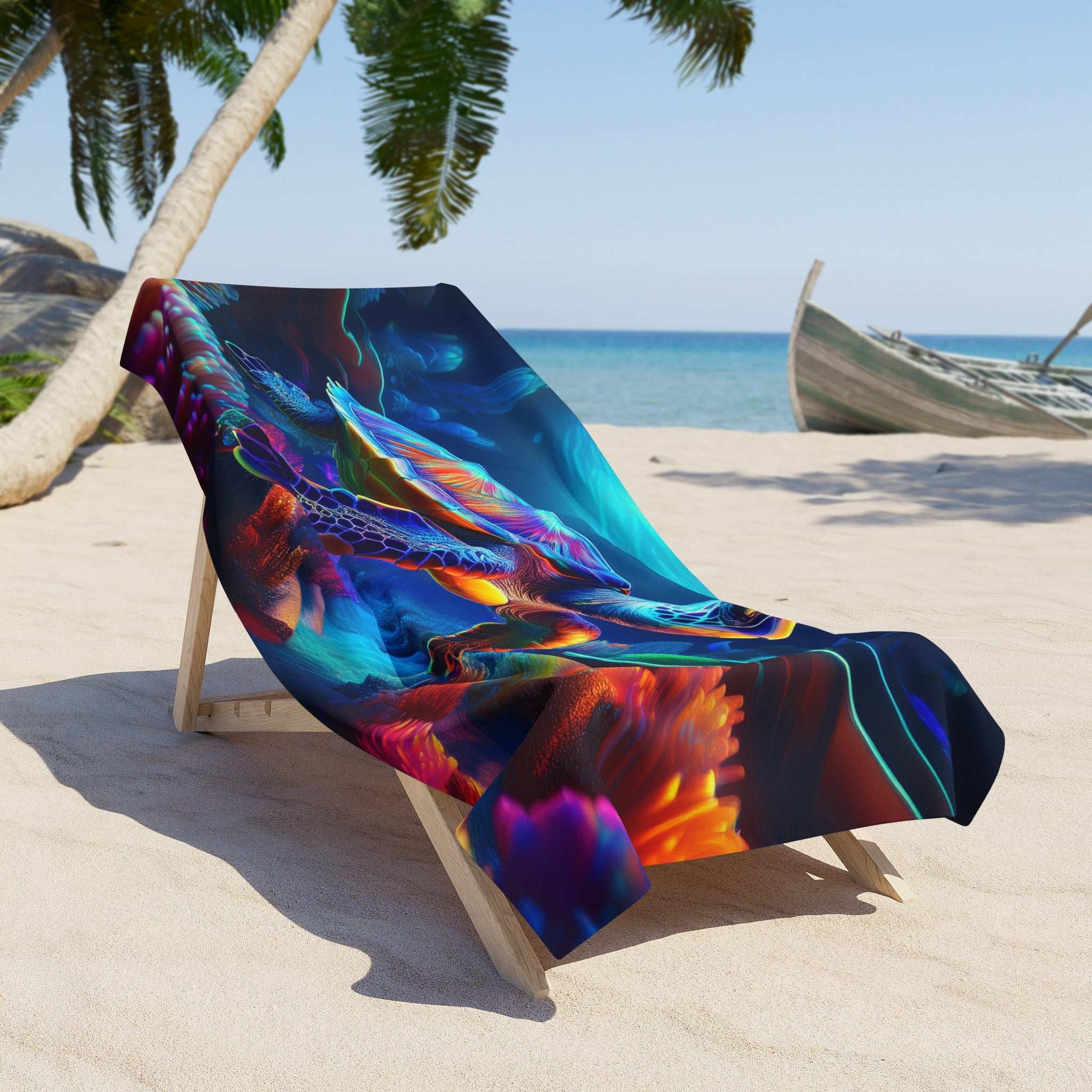 Sea Turtle beach towel draped over a beach lounger on an island next to a fishing boat under a palm tree