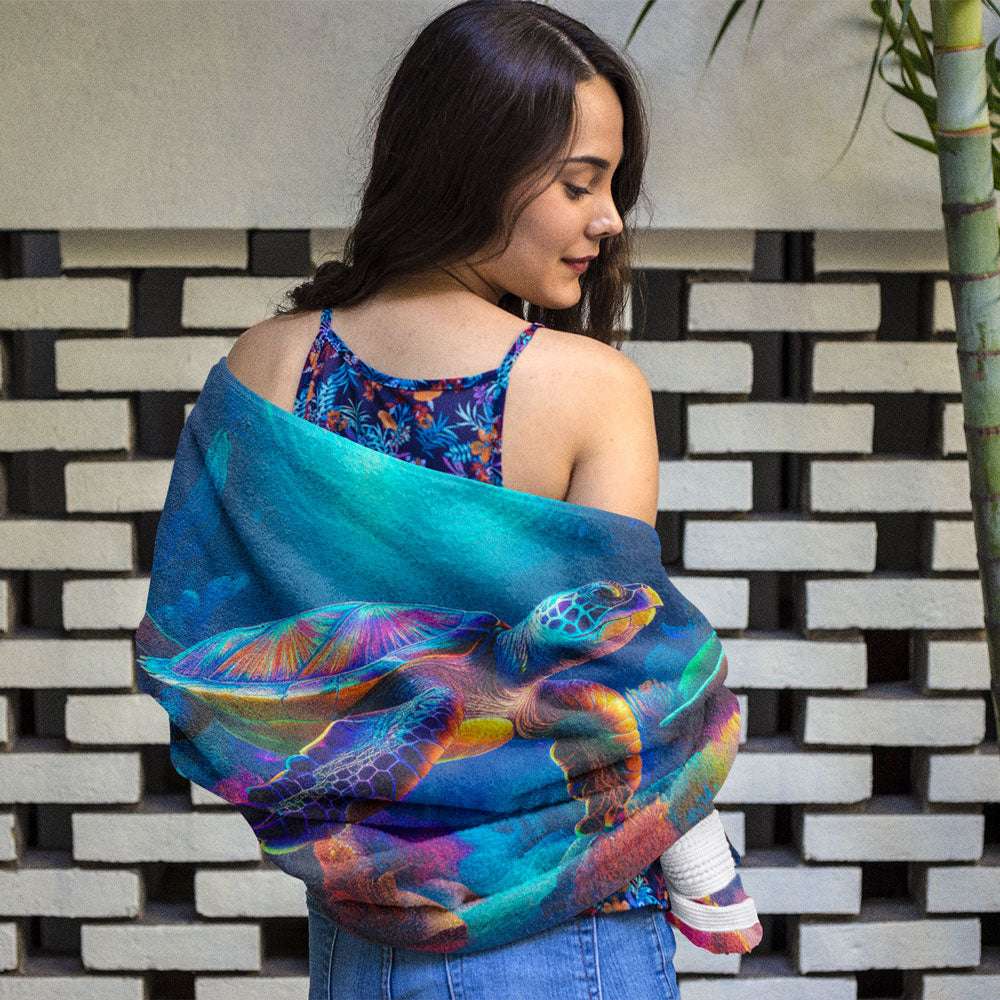 Girl Wrapped in cool Sea Turtle beach towel. 