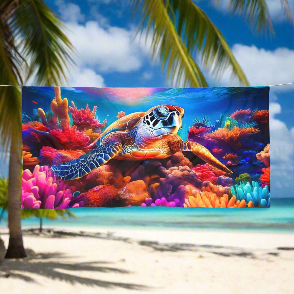 Beautiful underwater scene of coral reef and a majestic sea turtle hanging on a line in a tropical beach paradise