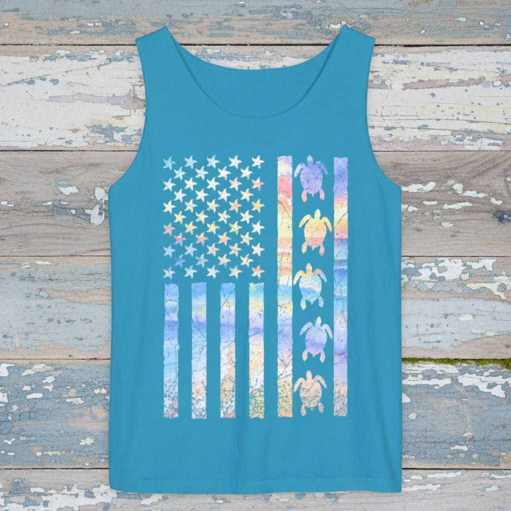 Blue tank top with American flag and turtle design on a rustic nautical wood background