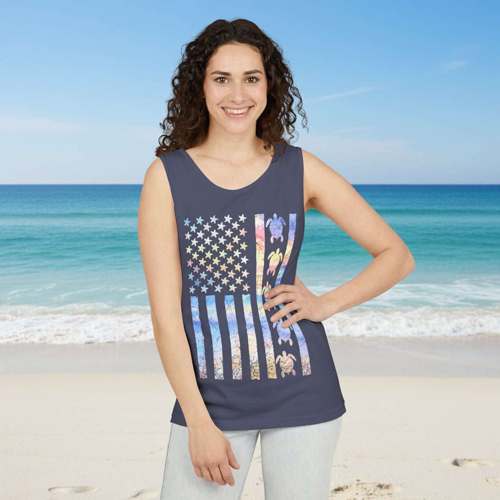 Woman wearing a tank top with a colorful American flag design on a Daytona Beach