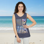 Woman wearing a tank top with a colorful American flag design on a Daytona Beach