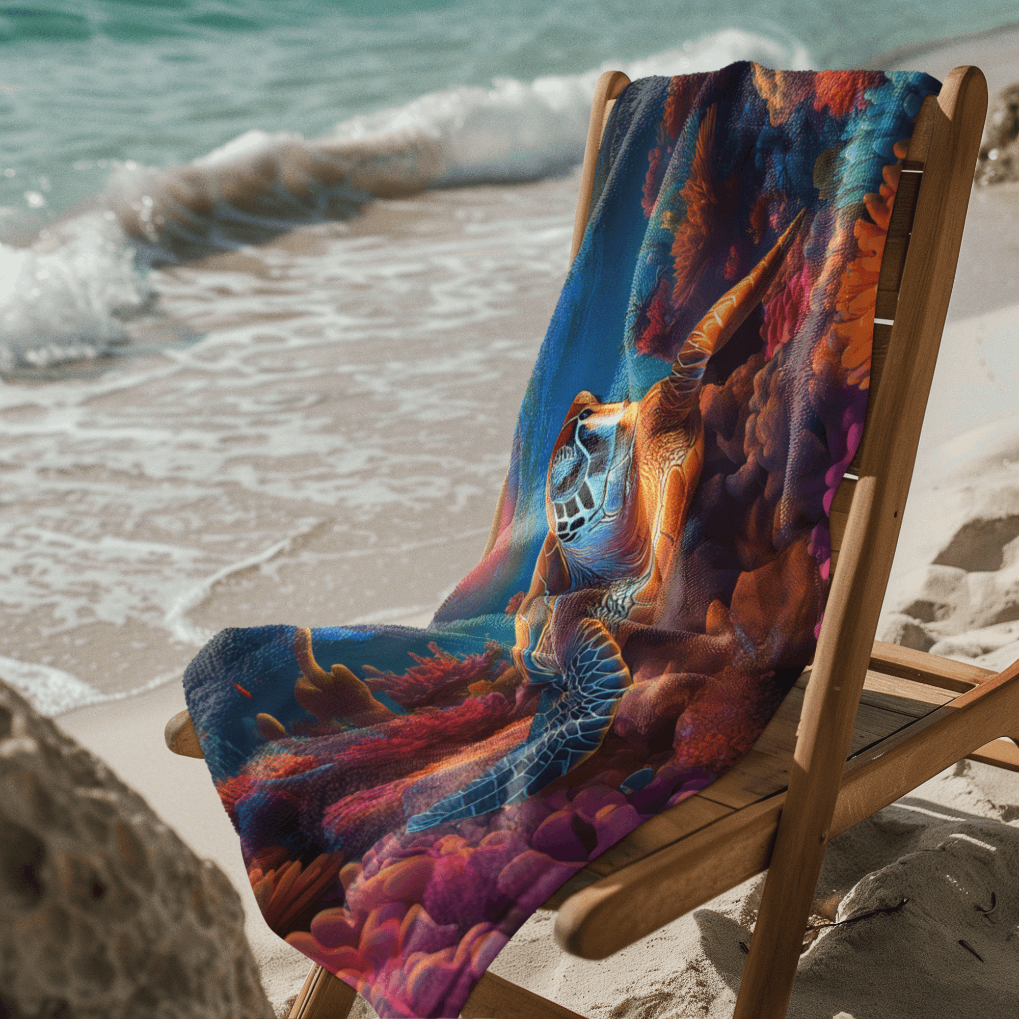 Beautiful Sea Turtle Reef Art draped over wood deck chair on beach