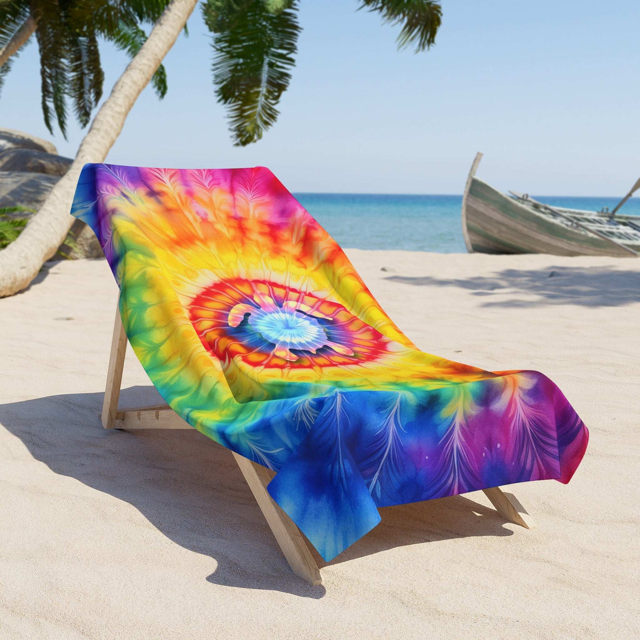 Cool tie dye sea turtle towel on a beach lounge chair under a palm tree