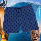 board shorts with black drawstring and fun sea turtle pattern over a surfers background
