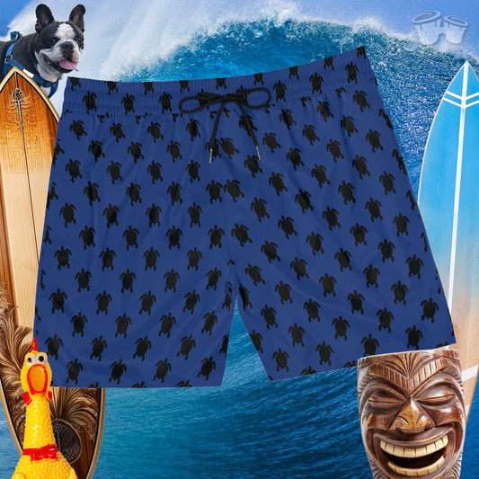 board shorts with black drawstring and fun sea turtle pattern over a surfers background