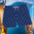 board shorts with white drawstring and fun sea turtle pattern over a surfers background