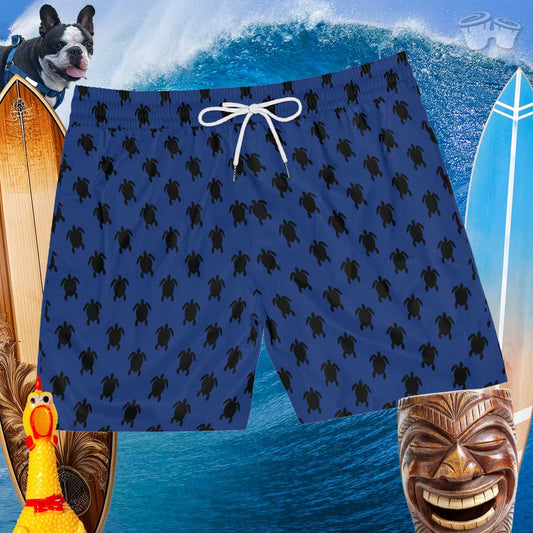 board shorts with white drawstring and fun sea turtle pattern over a surfers background