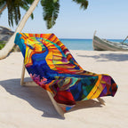 Beautiful Seahorse Beach Towel Laying across a beach lounger next to a palm tree