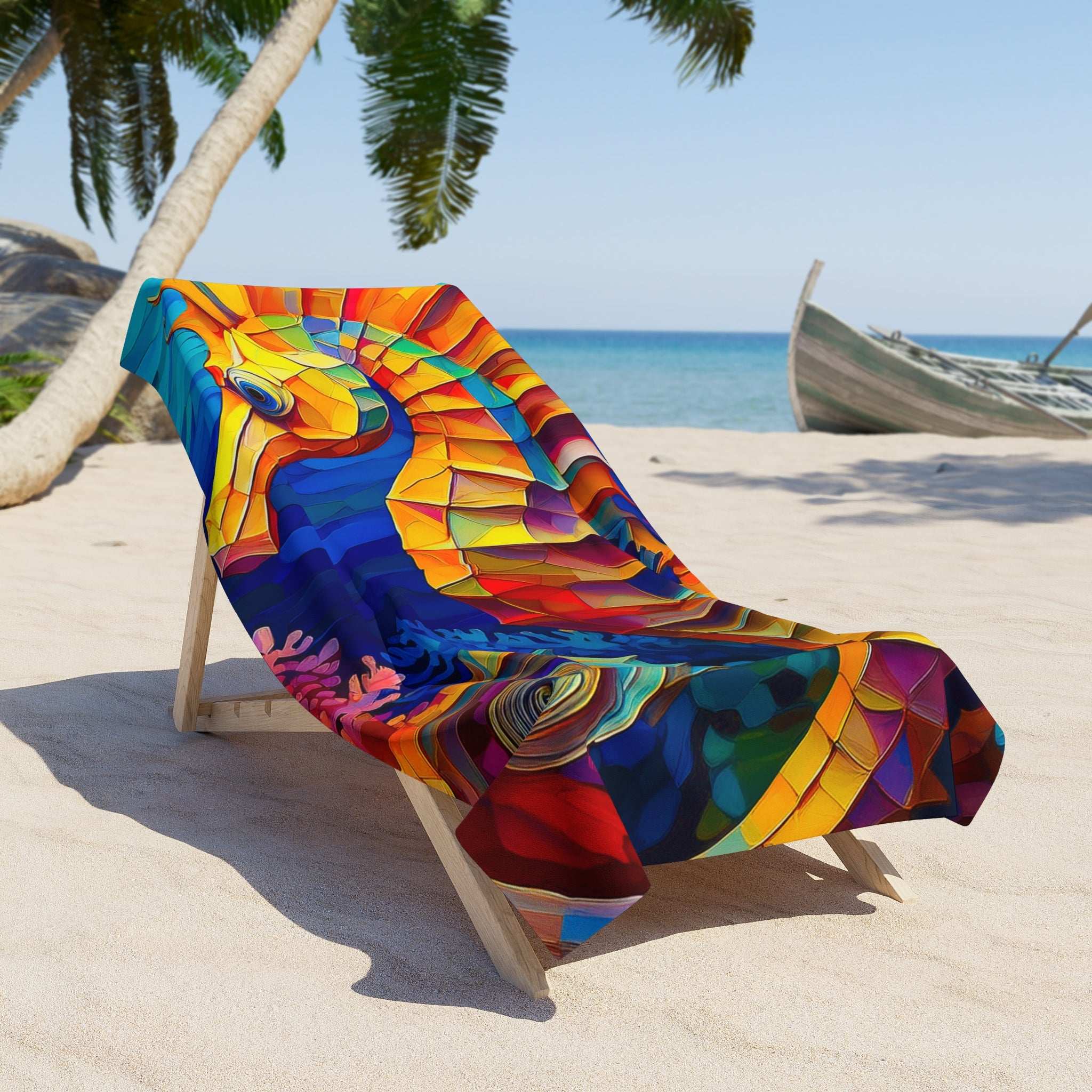 Beautiful Seahorse Beach Towel Laying across a beach lounger next to a palm tree
